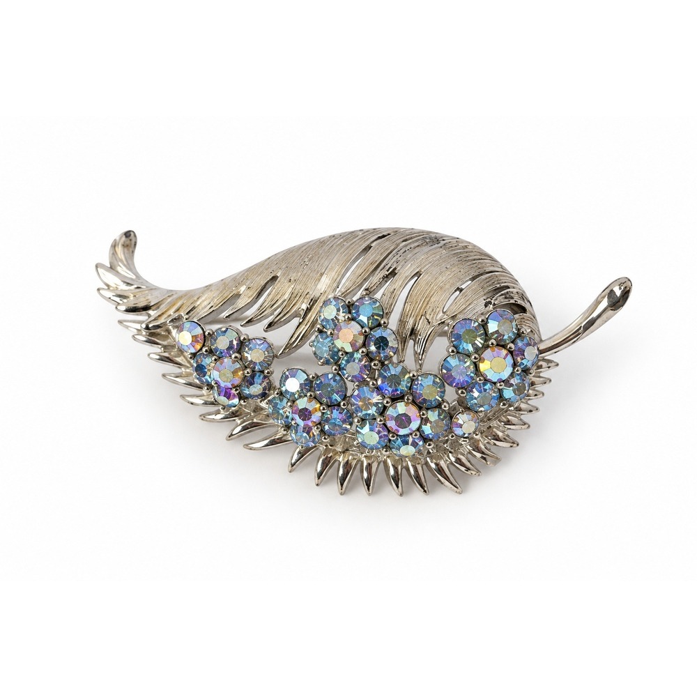 Vintage CORO Signed Aurora Borealis Austrian Crystal Silver Tone Leaf Brooch